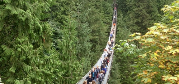 Lots of people on a suspension bridge in Vancouver
